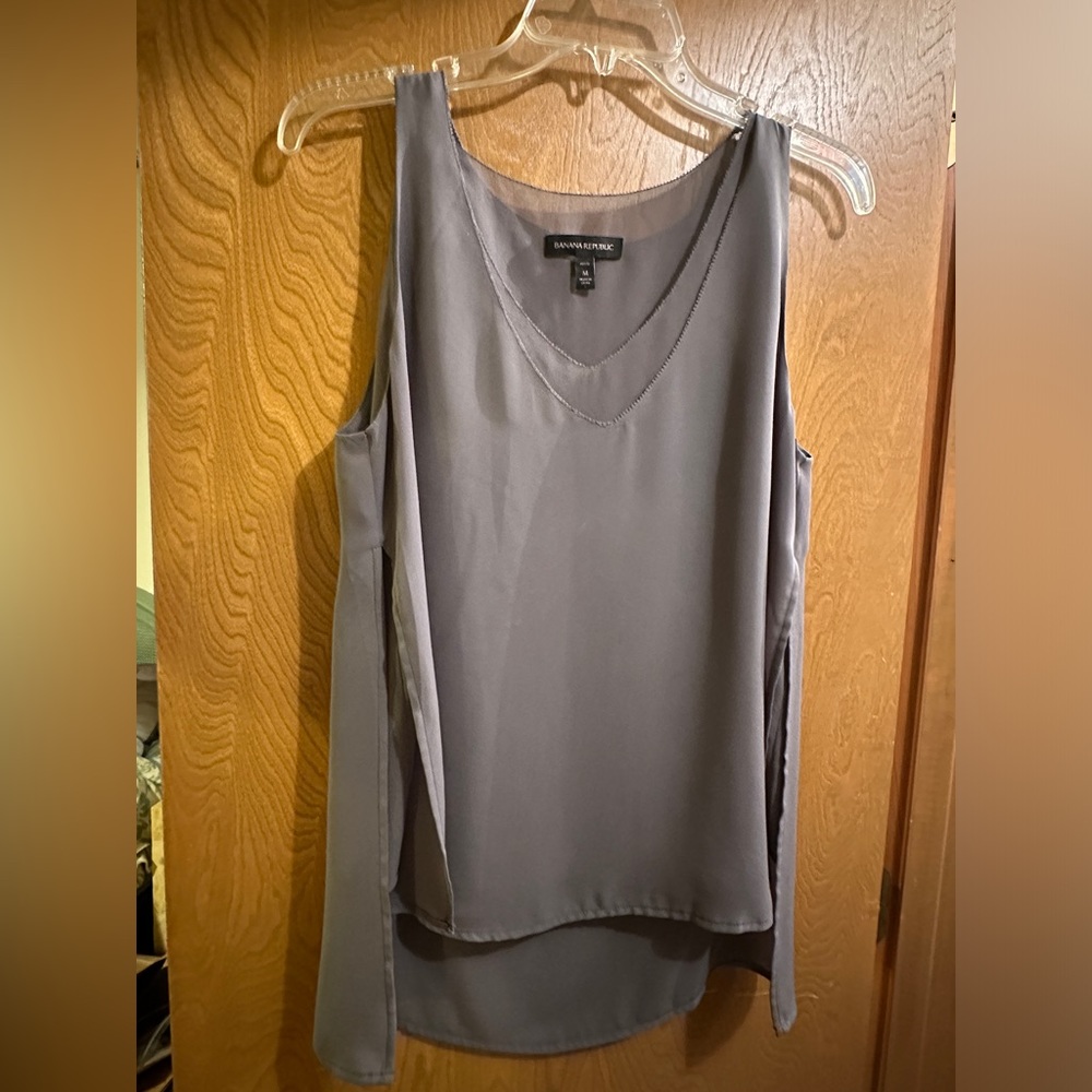 Dusty gray silk blouse with v-neck and delicate detail; Two layers silk fabric